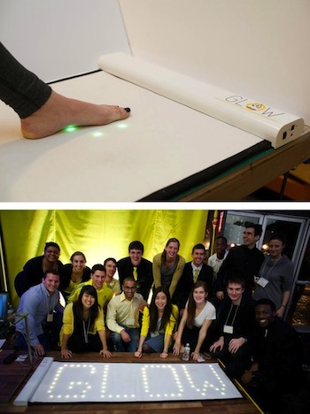 Top image is a foot on top of a white yoga mat, there are a circle of lights glowing from the mat around the foot. Bottom image is a group of people wearing yellow clothing surrounding a white yoga mat with LEDs lit up that read 'Glow'