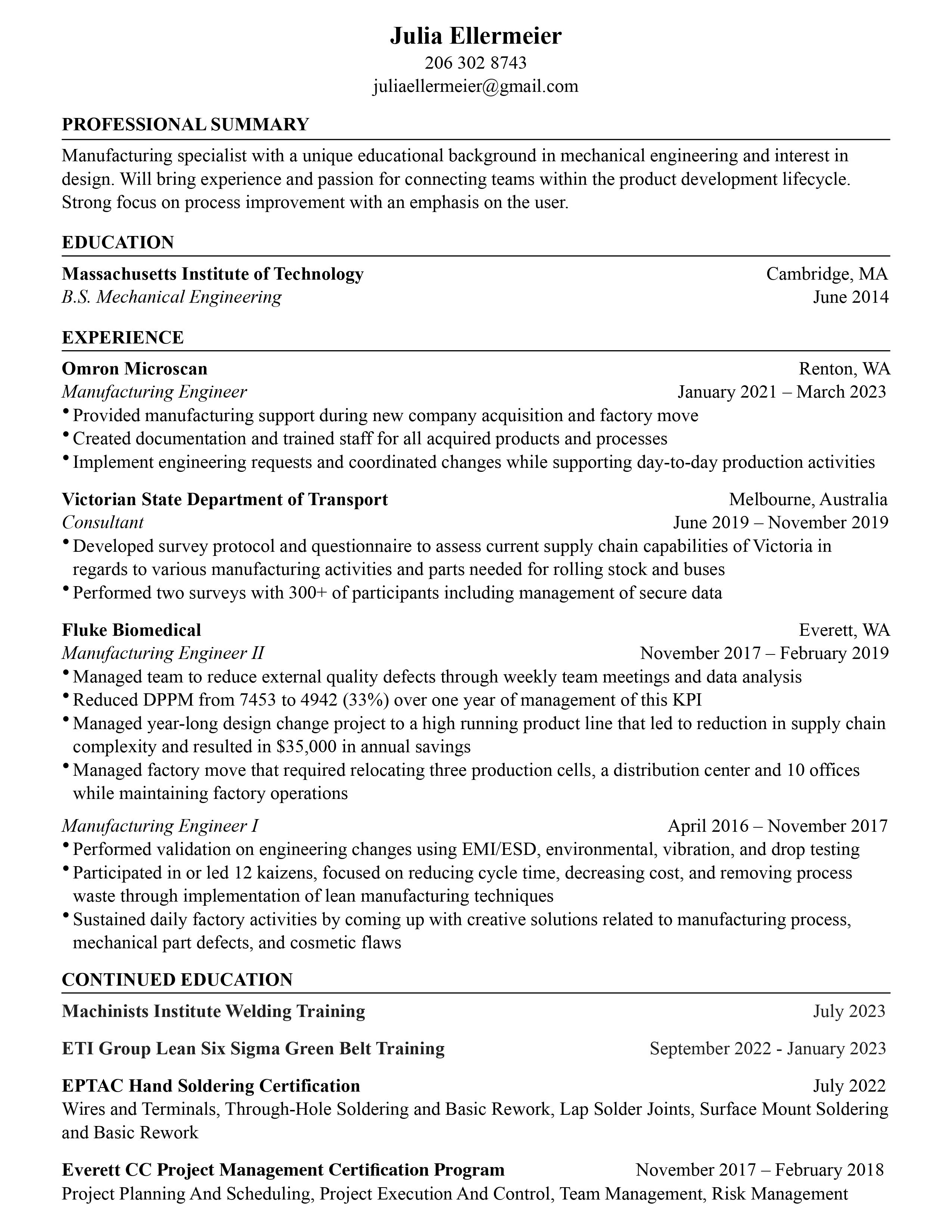 A PDF of Julia Ellermeier's resume