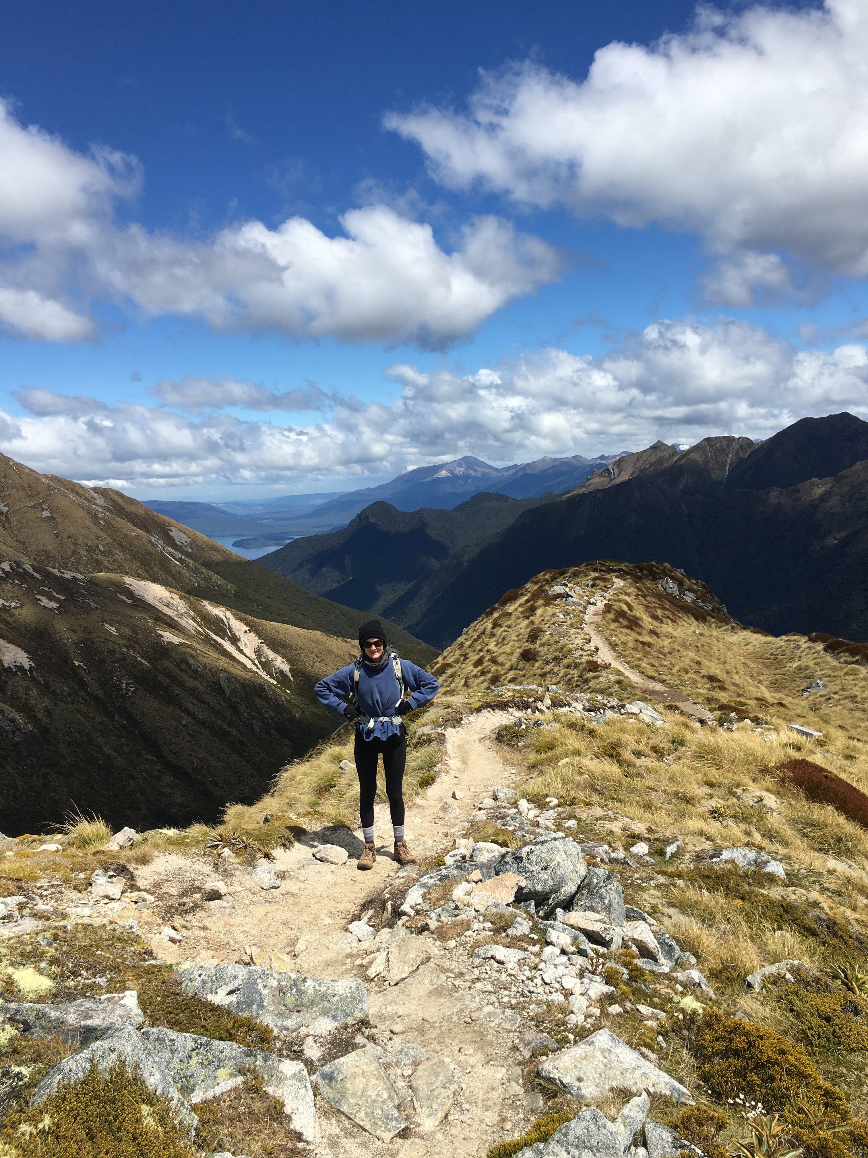 Julia standing on a ridge in New Zealand wearing hiking gear and hands on her hips. There is an expanse of mountains in the background.